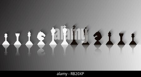 Weiße und schwarze Schachfiguren mit Schatten und Reflexionen. Vector Illustration Stock Vektor
