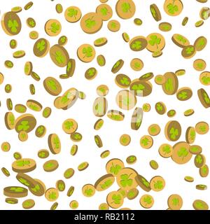 Nahtlose Muster Münzen mit dem Bild von einem Kleeblatt. Vector Illustration eines St. Patrick s Day Hintergrund. Stock Vektor
