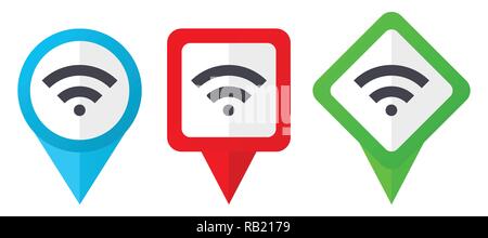 Drahtlose rote, blaue und grüne Vektor Zeiger Symbole. Set aus bunten Standortmarkierungen auf weißem Hintergrund einfach in eps 10 zu bearbeiten. Stock Vektor