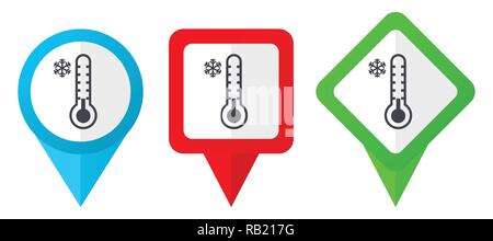 Kalte Thermometer Rote, blaue und grüne Vektor Zeiger Symbole. Set aus bunten Standortmarkierungen auf weißem Hintergrund einfach in eps 10 zu bearbeiten. Stock Vektor