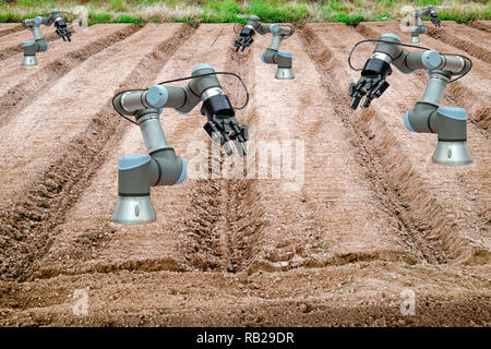 Land für landwirtschaftliche Vorbereitung der Landwirt ein Roboter für Landwirt helfen, Smart Farming 4.0 Konzept installiert Stockfoto