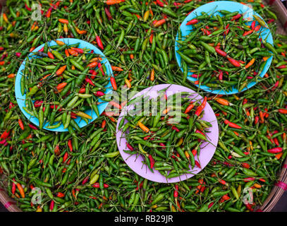 KYAING TONG, MYANMAR - ca. Dezember 2017: Rote und grüne Chilischoten auf der Kyaing Tong Markt. Stockfoto