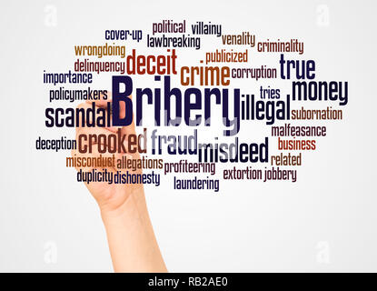 Bestechung Wort cloud und Hand mit Marker Konzept auf weißem Hintergrund. Stockfoto