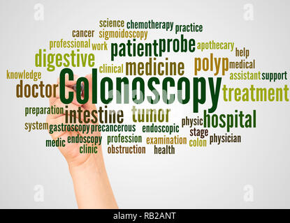 Colonoscopy Wort cloud und Hand mit Marker Konzept auf weißem Hintergrund. Stockfoto