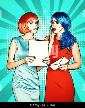 Portrait von jungen Frauen im Comic pop art Make-up Stil. Frauen in roten und blauen Perücken und Kleider sind Lesen Schreiben Stockfoto