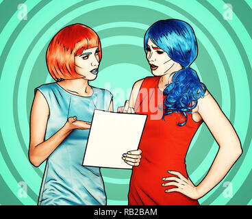 Portrait von jungen Frauen im Comic pop art Make-up Stil. Frauen in roten und blauen Perücken und Kleider sind Lesen Schreiben Stockfoto