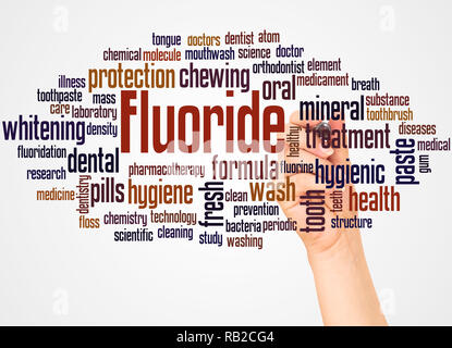 Fluorid Wort cloud und Hand mit Marker Konzept auf weißem Hintergrund. Stockfoto