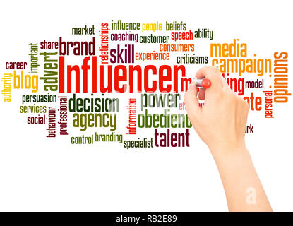 Einflussnehmer Wort cloud hand Konzept Schrift auf weißen Hintergrund. Stockfoto