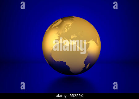 3D-Render: Golden Globe Europe zeigt vor blauem Hintergrund Stockfoto