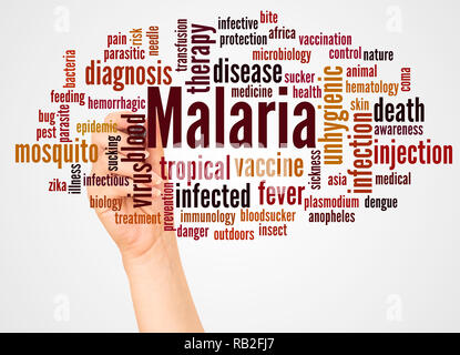 Malaria Wort cloud und Hand mit Marker Konzept auf weißem Hintergrund. Stockfoto