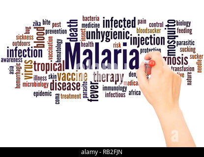 Malaria Wort cloud hand Konzept Schrift auf weißen Hintergrund. Stockfoto
