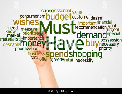 Muss Word cloud und Hand mit Marker Konzept auf weißem Hintergrund. Stockfoto