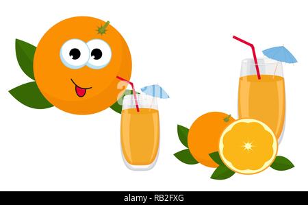 Orangensaft. Glas Orangensaft mit ganzen orange und Scheibe von Orange. Vector Illustration einer Orange Charakter Saft trinken auf weißem Hintergrund Stock Vektor