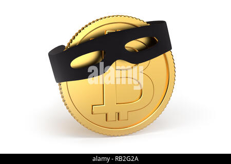 Bitcoin betrug: 3D-Render eines Bitcoin mit einem Schläger Maske. Konzeptionelle Bild. Auf weiß Isoliert Stockfoto