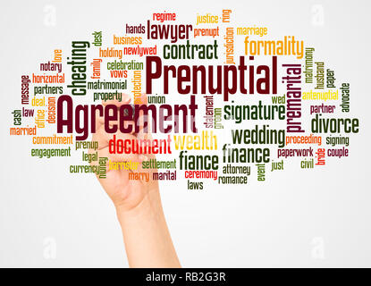 Prenuptial Vereinbarung word Cloud und Hand mit Marker Konzept auf weißem Hintergrund. Stockfoto