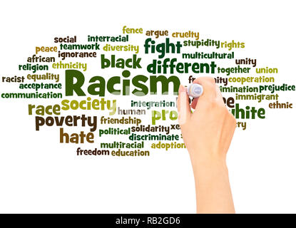 Rassismus Wort cloud hand Konzept Schrift auf weißen Hintergrund. Stockfoto