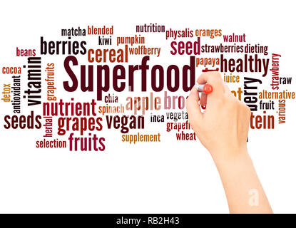 Superfood Wort cloud hand Konzept Schrift auf weißen Hintergrund. Stockfoto