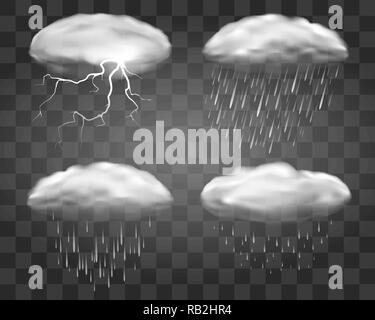 Realistische Regenwolken auf transparentem Hintergrund. Herbst Wetter eddy Wolken, Vector3d Regensturm cloud mit schweren stürmische Regenfälle einstellen Stock Vektor