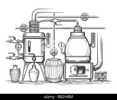 Distillery Skizze. Retro stille Gin oder Whiskey Alkohol Destillation, Ausrüstung, Whisky moonshine Gravur Alembic, Vector Illustration Stock Vektor