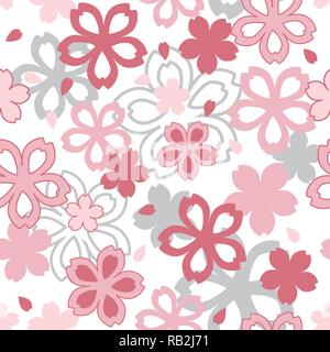 Rosa und Grau Cherry Blossom nahtlose Muster auf weißem Hintergrund Stock Vektor