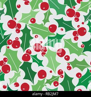 Holly rote Beeren nahtlose Muster auf grauem Hintergrund mit grünen Blättern Stock Vektor