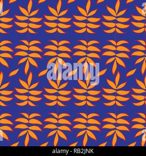 Orange tropische Blätter nahtlose Muster auf Blau Stock Vektor