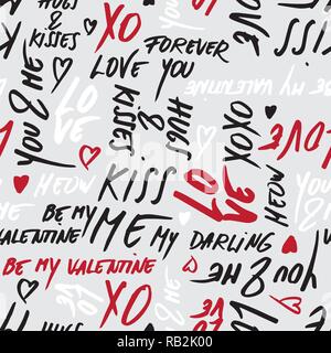 Liebe. Küss mich. Hand Valentines Tag nahtlose Muster auf Grau geschrieben. Stock Vektor