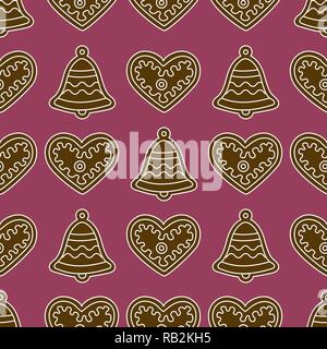 Nahtlose Muster mit Lebkuchen Glocken und Herzen. Urlaub Hintergrund. Design für Banner, Poster-, Textil-, drucken. Stock Vektor
