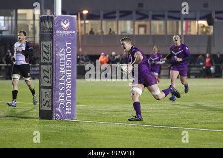 Loughborough, UK. 5. Jan 2019. Thomas Smith Kerben für Loughborough Schüler in der 75. Minute der National League Division I Übereinstimmung zwischen Loughborough Studenten und Caldy rfc © Phil Hutchinson/Alamy leben Nachrichten Stockfoto