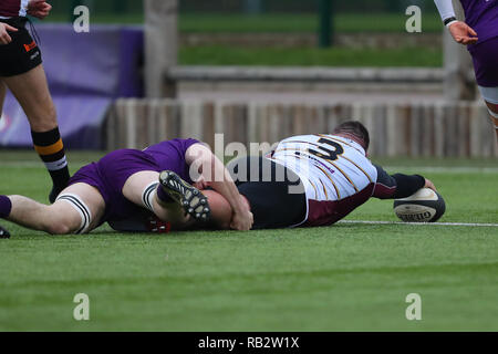 Loughborough, UK. 5. Jan 2019. Derek Salisbury erstreckt sich auf Bewertung für Caldy während der National League Division I Übereinstimmung zwischen Loughborough Studenten und Caldy rfc © Phil Hutchinson/Alamy leben Nachrichten Stockfoto