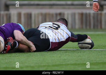 Loughborough, UK. 5. Jan 2019. Derek Salisbury erstreckt sich auf Bewertung für Caldy während der National League Division I Übereinstimmung zwischen Loughborough Studenten und Caldy rfc © Phil Hutchinson/Alamy leben Nachrichten Stockfoto