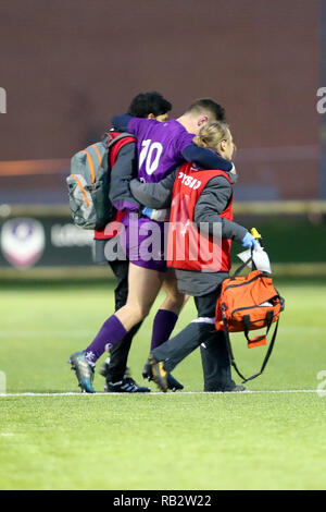 Loughborough, UK. 5. Jan 2019. Mark Dixon (Loughborough Studenten) ist Blei aus dem Feld in der 60. Minute nach einer Verletzung während der National League Division I zwischen Loughborough Studenten und Caldy rfc © Phil Hutchinson/Alamy Leben Nachrichten überein Stockfoto