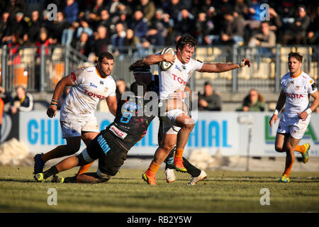 Parma, Italien. 6. Januar, 2019. Geparden' im Zentrum Nico Lee bricht ein im Spiel gegen Zebre in GuinnessPro 14 © Massimiliano Carnabuci/Alamy Leben Nachrichten anpacken Stockfoto