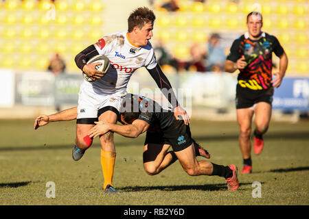 Parma, Italien. 6. Januar, 2019. Geparden' Flügel William Small-Smith versucht zu brechen ein Angriff im Spiel gegen Zebre in GuinnessPro 14 © Massimiliano Carnabuci/Alamy leben Nachrichten Stockfoto