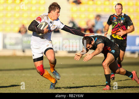 Parma, Italien. 6. Januar, 2019. Geparden' Flügel William Small-Smith versucht zu brechen ein Angriff im Spiel gegen Zebre in GuinnessPro 14 © Massimiliano Carnabuci/Alamy leben Nachrichten Stockfoto