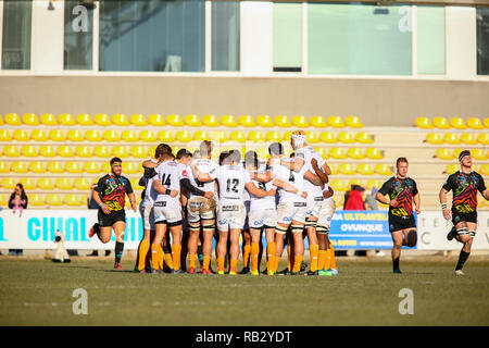 Parma, Italien. 6. Januar, 2019. Geparden Team vor dem Spiel im Spiel gegen Zebre in GuinnessPro 14 © Massimiliano Carnabuci/Alamy leben Nachrichten Stockfoto