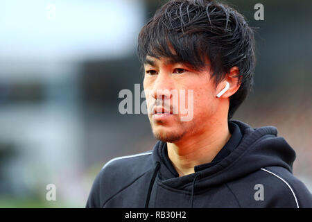 Newport, Großbritannien. 06 Jan, 2019. Shinji Okazaki von Leicester City vor dem FA Cup 3.Runde zwischen Newport County und Leicester City an Rodney Parade, Newport, Wales am 6. Januar 2019. Foto von Dave Peters. Nur die redaktionelle Nutzung, eine Lizenz für die gewerbliche Nutzung erforderlich. Keine Verwendung in Wetten, Spiele oder einer einzelnen Verein/Liga/player Publikationen. Credit: UK Sport Pics Ltd/Alamy leben Nachrichten Stockfoto