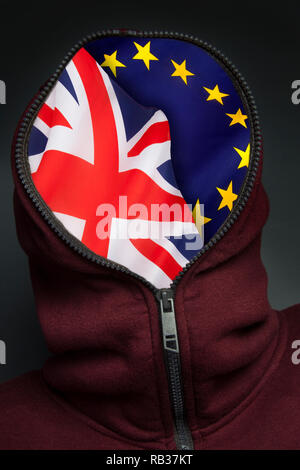 BREXIT - Großbritanniens Austritt aus der Europäischen Union. Der durchschnittliche Mann auf der Straße ist über Brexit verwirrt. Den Kopf voll mit BREXIT. Stockfoto