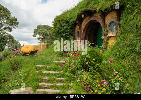 Die Tasche Ende eine ikonische berühmten hobbiton Löcher Bilbo und Frodo Haus in Hobbiton movie in Matamata, Neuseeland, 21. Januar 2018 eingestellt Stockfoto