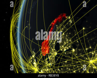 Norwegen von Speicherplatz auf dem Modell der Erde bei Nacht mit internationalem Netzwerk. Konzept der digitalen Kommunikation oder Reisen. 3D-Darstellung. Elemente dieser Stockfoto