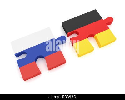 Russland Deutschland Partnerschaft: Russische Fahne und Deutsche Flagge Puzzleteile, 3d-Abbildung auf weißem Hintergrund Stockfoto