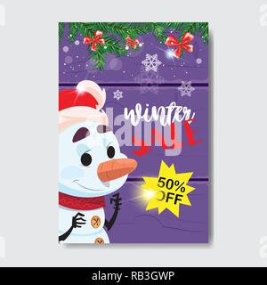 Winter verkauf Flyer Design cute Schneemann fir tree branch Jahreszeit shopping Vorlage Ermäßigung vertikale Poster über violett Holz- Hintergrund flach Stock Vektor