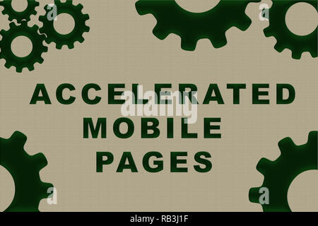 Beschleunigte mobile Seiten anmelden Konzept Abbildung mit grünen Zahnrad Zahlen über beigen Hintergrund Stockfoto