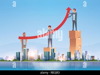 Unternehmer Gruppe heben die Pfeil nach oben geschäftliches Wachstum Konzept erfolgreiche Teamarbeit über grosse moderne Stadt Gebäude Wolkenkratzer Skyline skyline Waagrechten Stock Vektor
