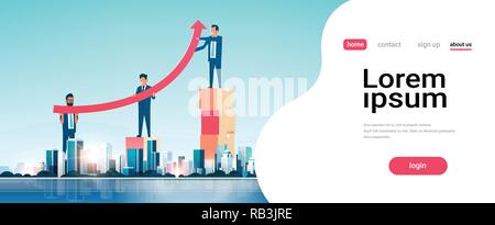 Unternehmer Gruppe heben die Pfeil nach oben geschäftliches Wachstum Konzept erfolgreiche Teamarbeit über grosse moderne Stadt Gebäude Wolkenkratzer skyline Skyline waagrechten Platz kopieren Stock Vektor