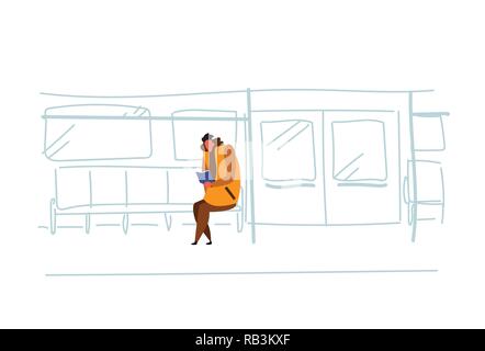 Legerer Mann u-bahn Passagiere sitzen u-bahn Buch Interior View Public Underground City Transport Konzept männliche Zeichentrickfigur Skizze doodle horizontale Lesung Stock Vektor