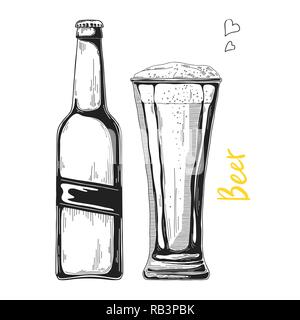 Flasche Bier. Glas mit Bier. Vector Illustration einer Skizze Stil. Stock Vektor