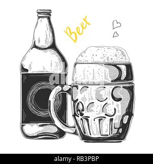 Flasche Bier. Glas mit Bier. Vector Illustration einer Skizze Stil. Stock Vektor