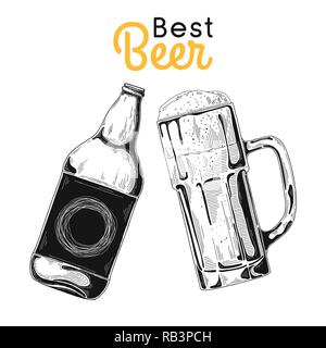 Flasche Bier. Glas mit Bier. Beste Bier. Vector Illustration einer Skizze Stil. Stock Vektor