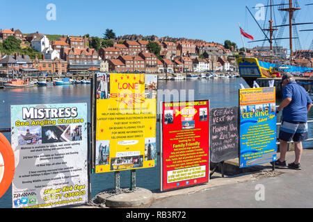 Werbung Boards für Angeltouren auf Harbourfront, Whitby, North Yorkshire, England, Vereinigtes Königreich Stockfoto